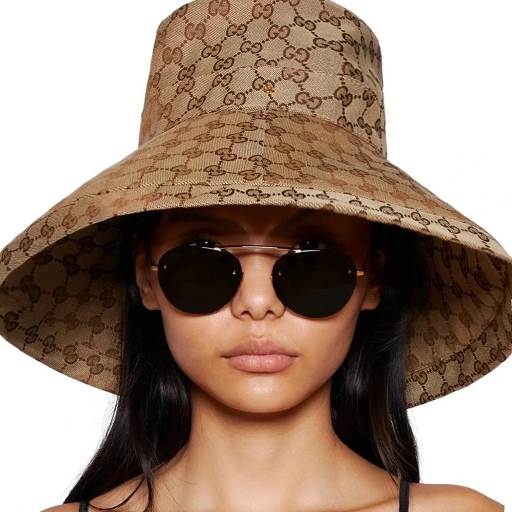 Gucci GG Monogram Bucket Hat Wide Brim Beige Tan Canvas Jacquard Sun Coverage - Picture 2 of 16